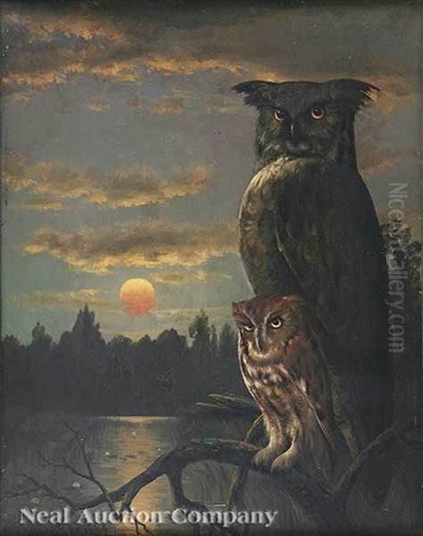 Great Horned Owl And Fledgling At Dusk Oil Painting by Joseph Rusling Meeker