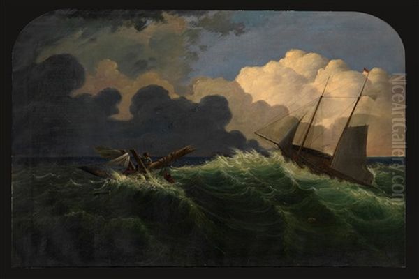 A Two-master Passing By Drowning Figures In Choppy Seas Oil Painting by Joseph Rusling Meeker