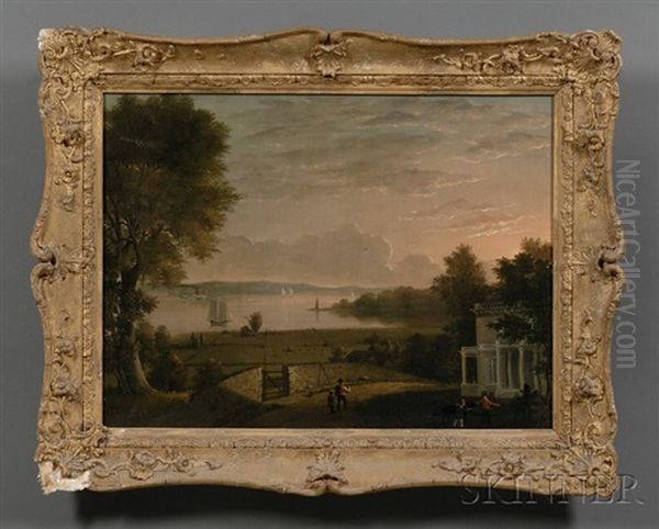 Rhode Island Scenery With Figures Overlooking A River Oil Painting by Joseph Rusling Meeker