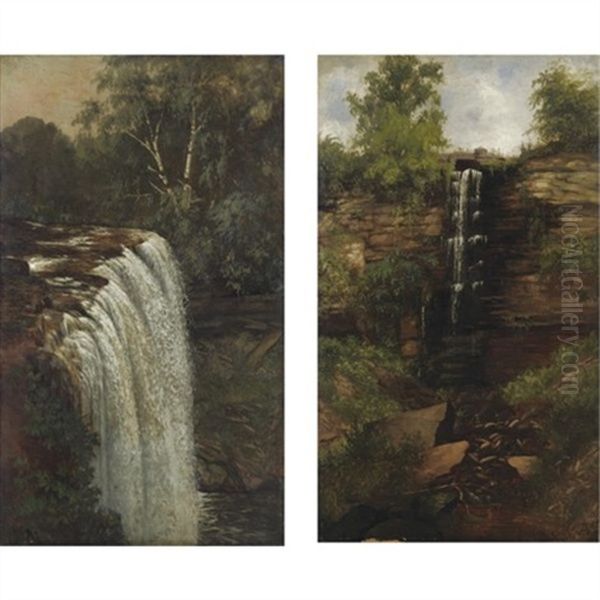 Minnehaha Falls (+ Woodland Falls; Pair) Oil Painting by Joseph Rusling Meeker