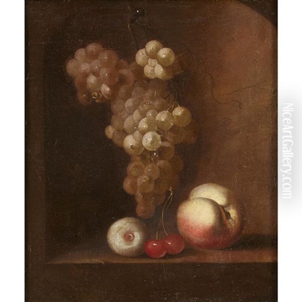 Still Life Of Grapes, Cherries, A Peach And An Apple On A Ledge by Barend van der Meer