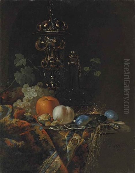 An Orange, A Peach, Plums, Hazelnuts And A Walnut On A Silver Plate, Before A Glass Decanter, Grapes, A Knife And A Silver Gilt Cup And Cover, On A Partly Draped Ledge Oil Painting by Barend van der Meer