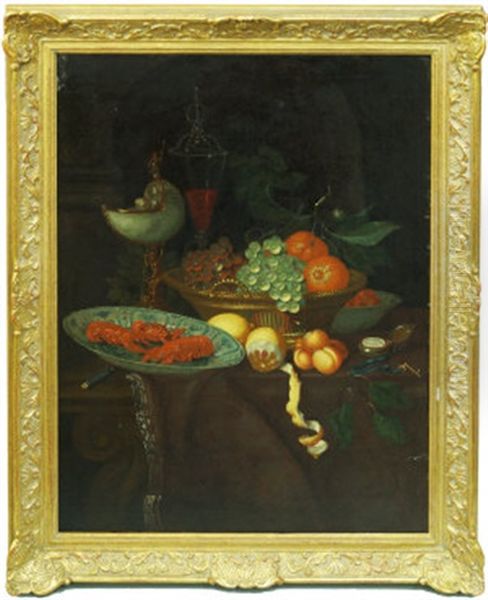 Still Life Of A Basket Of Grapes And Oranges, Nautilus Shell With Caryatid Support, Floral Bowl With Crevettes And Pocket Watch On A Table Oil Painting by Barend van der Meer