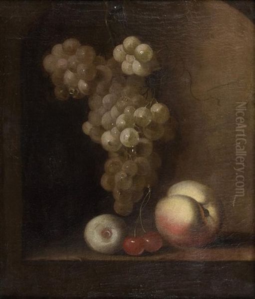 Nature Morte A La Grappe De Raisins, Peche Et Cerises Dans Une Niche En Pierre Oil Painting by Barend van der Meer