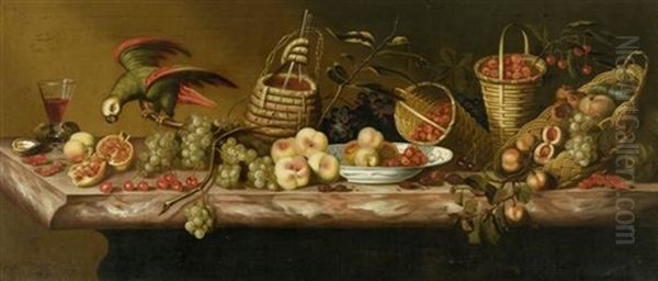 Stilleben Mit Fruchten, Wein Und Papagei Auf Einem Marmor-tisch Oil Painting by Barend van der Meer