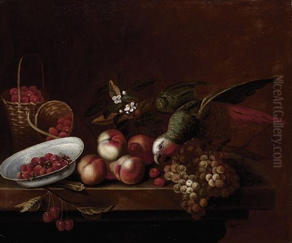 Nature Morte Au Perroquet, Aux Fraises Et Aux Raisins Oil Painting by Barend van der Meer