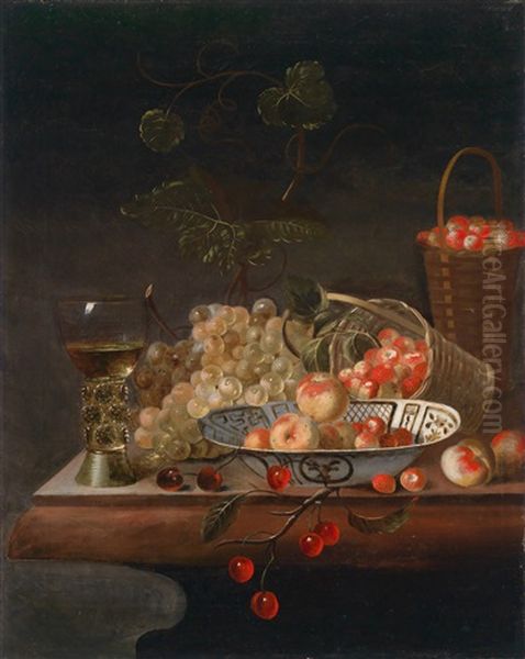 Ein Stillleben Von Trauben, Einem Romer, Einer Wan-lischale Und Fruchten Auf Einer Steinplatte Oil Painting by Barend van der Meer