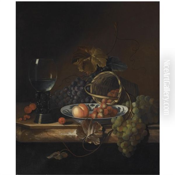 Still Life Of Blue And White Grapes, A Peach And Strawberries In A Porcelain Bowl And Basket, Together With Cherries And A Roemer, All On A Marble Ledge Oil Painting by Barend van der Meer