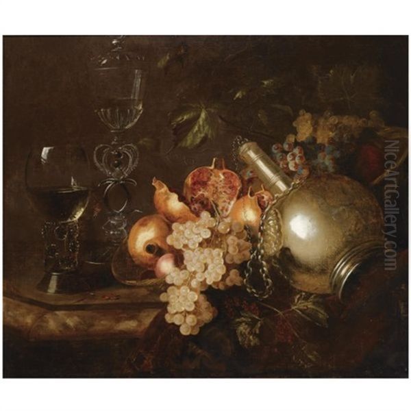 A Still Life Of Pomegranates, Grapes, A Silver Vessel, A Roemer And A Venetian Glass On A Marble Table Draped With A Cloth Oil Painting by Barend van der Meer