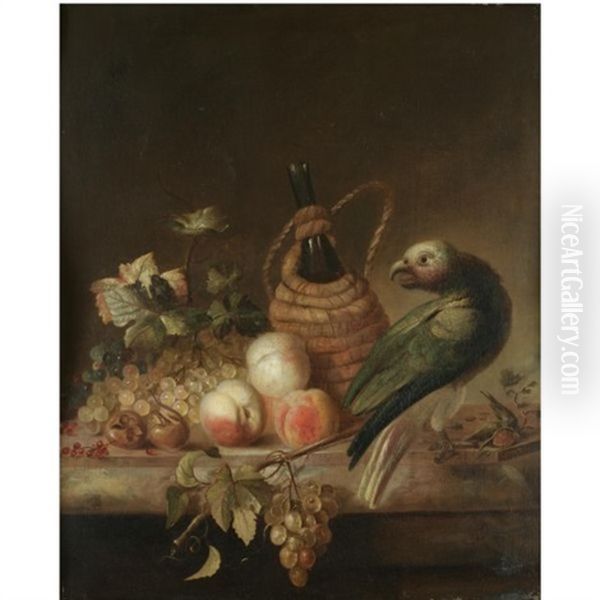 A Still Life With A Parrot, Together With A Flagon Of Wine, A Bunch Of Grapes, Peaches And Redcurrants On A Marble Ledge Oil Painting by Barend van der Meer