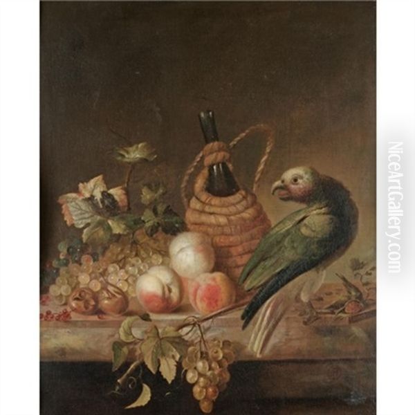 A Still Life With A Parrot, Together With A Flagon Of Wine, A Bunch Of Grapes, Peaches, Red Currents On A Marble Ledge Oil Painting by Barend van der Meer