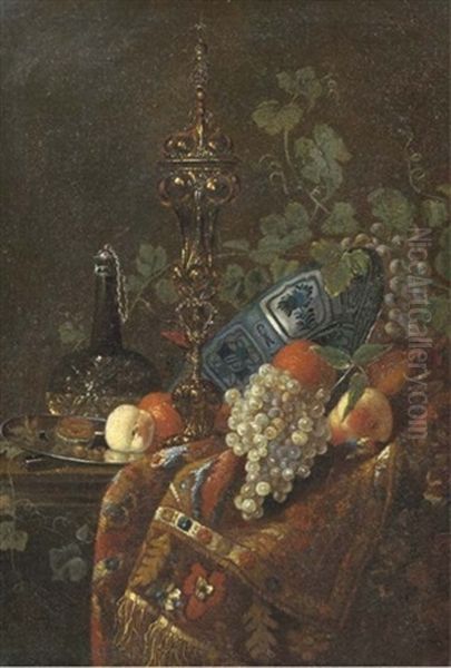 Oranges In A Wanli Kraak Porselein Bowl, A Peach And Nuts On A Silver Plate, A Glass Vessel Of Wine, A Gilt Cup And Cover And White And Black Grapes Oil Painting by Barend van der Meer