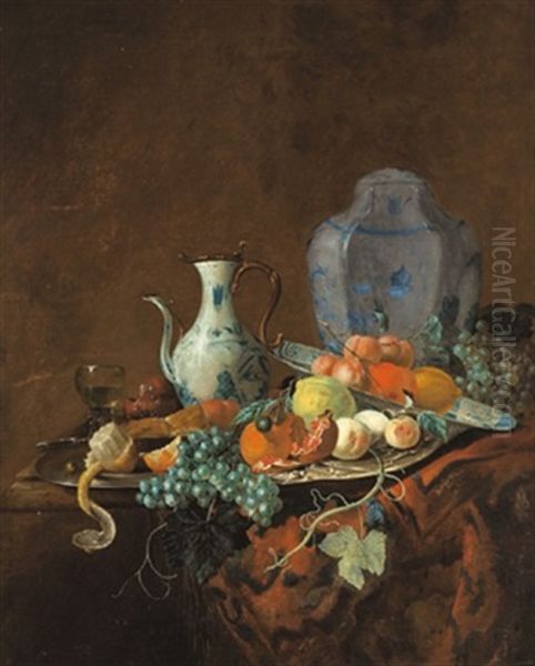 Stillleben Mit Fruchten Auf Einer Silbernen Platte, Einem Zinn- Und Einem Porzellan-teller Sowie Einer Delfter Kanne Und Einem Lavendel-gefas Oil Painting by Barend van der Meer