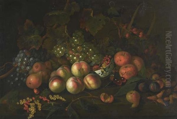 Stilleben Mit Trauben, Pfirsichen, Birnen, Pflaumen, Kirschen, Haselnussen Und Johannisbeeren In Schale Und Erdbeeren In Henkelkorbchen Oil Painting by Barend van der Meer