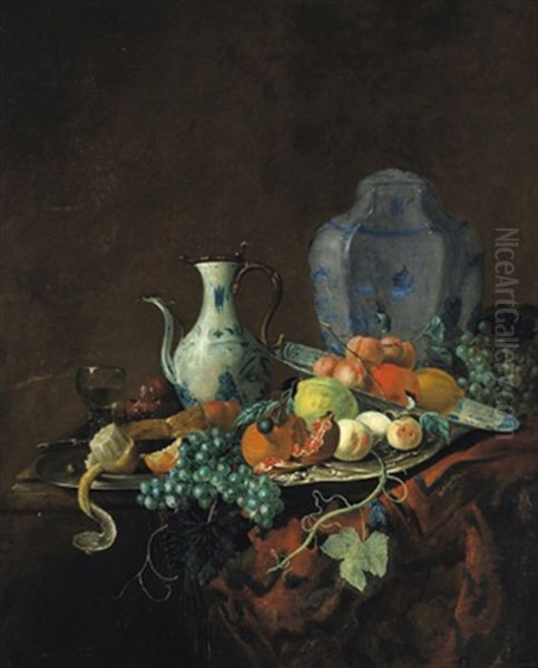 Stillleben Mit Fruchten Auf Einem Silbernen, Einem Zinn- Und Einem Porzellanteller Sowie Einer Delfter Kanne Und Einem Lavendel-gefas Oil Painting by Barend van der Meer