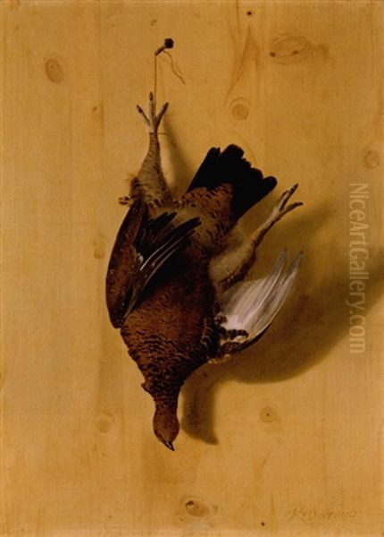 Still Life Of A French Partridge Hanging From A Nail Oil Painting by Barend van der Meer