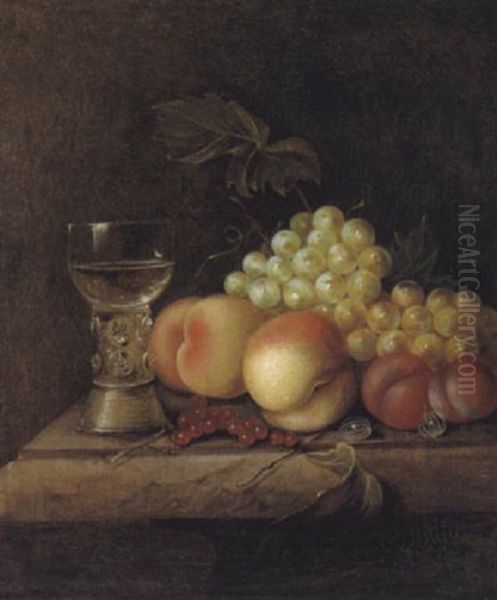 Stilleben Mit Pfirsichen, Weintrauben Und Einem Gefullten Weinglas Oil Painting by Barend van der Meer