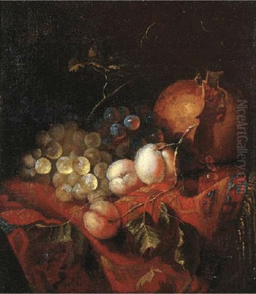 A Pomegranate, Grapes And Peaches On A Draped Table by Barend van der Meer