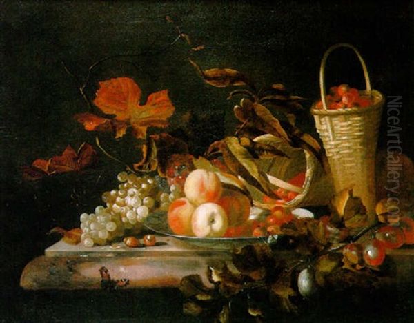 Nature Morte Au Panier De Fraises, Plat De Peches Et Raisins Sur Un Entablement Oil Painting by Barend van der Meer