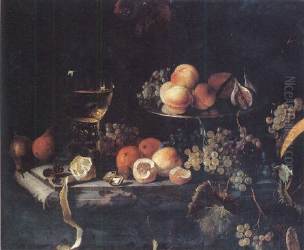 Still Life Of Peaches, Grapes And Figs With A Roemer And A Peeled Lemon, All On A Marble Table Oil Painting by Barend van der Meer