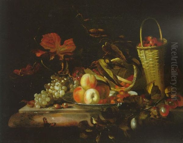 Nature Morte Aux Paniers De Fraises, Plats De Peches Et Raisins Sur Un Entablement Oil Painting by Barend van der Meer