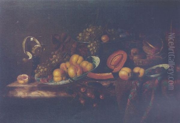 Still Life Of Fruit In A Bowl Together With Other Fruit, Wicker Baskets And A Pewter Tazza, All Upon A Partly Draped Table Top Oil Painting by Barend van der Meer