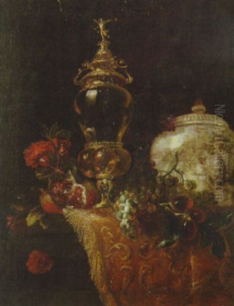 A Gilt Cup And Cover, Grapes, A Pomegranate, Carnations, Plums And A Porcelain Vase On A Partially Draped Ledge Oil Painting by Barend van der Meer