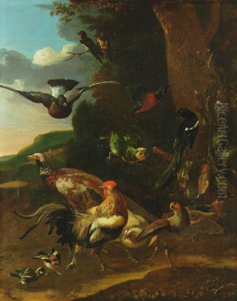 A Cockerel, A Hen, A Gold Finch And Other Birds In A Landscape Oil Painting by Barend van der Meer