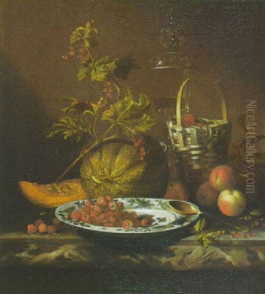 Nature Morte Aux Framboises, Fruits Divers, Verrerie Et Ceramique Oil Painting by Barend van der Meer