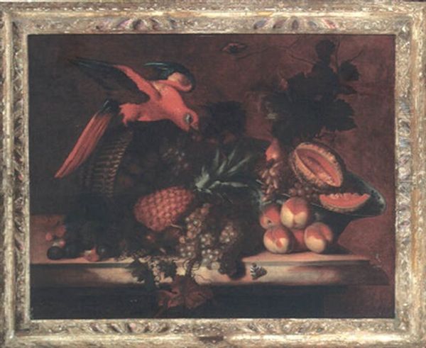 Still Life Of An Overturned Basket Of Fruit, A Parrot, And A  Blue And White Porcelain Bowl On A Ledge Oil Painting by Barend van der Meer