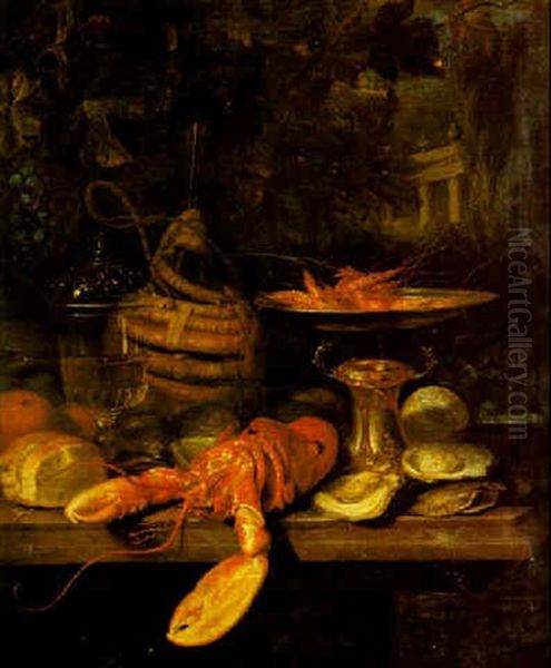 Still Life Of A Lobster, Prawns On A Tazza, Oysters And A Flagon Of Wine, All On A Stone Ledge, An Ornamental Garden Beyond Oil Painting by Barend van der Meer