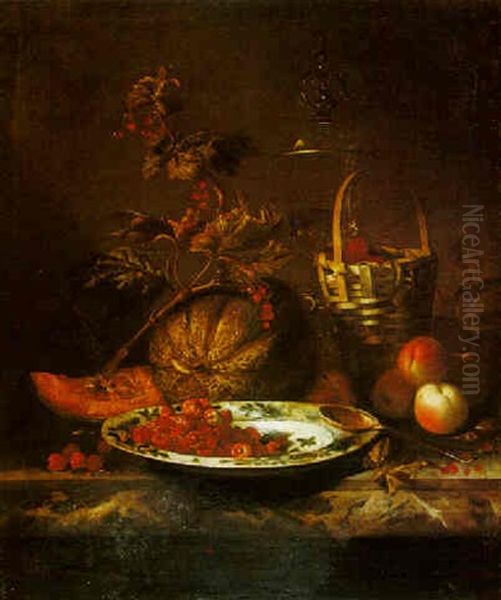 Still Life Of Raspberries In A Blue And White Porcelain Bowl, A Melon And Other Fruits, A Tazza And A Spoon, All On A Marble Ledge by Barend van der Meer