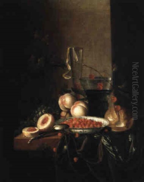 Stilleben Mit Romer, Fruchten, Erdbeeren Und Taschenuhr Oil Painting by Barend van der Meer