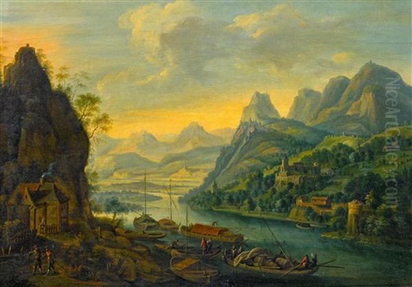 Flusslandschaft Vor Gebirge Oil Painting by Jan van der Meer