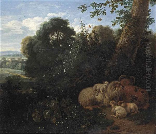 A Wooded Landscape With Sheep Resting, A Ruin Beyond Oil Painting by Jan van der Meer