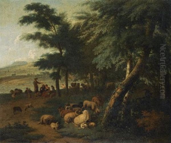 Shepherds Resting With Their Flock At The Edge Of A Wood Oil Painting by Jan van der Meer