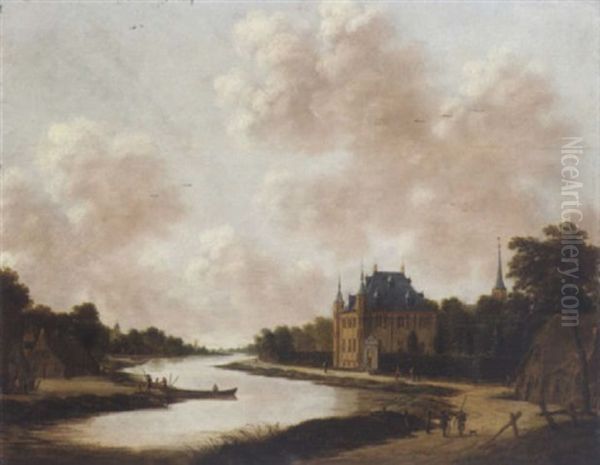 A River Landscape With A Villa On An Embankment, Travellers And Fishermen Outside Cottages Nearby Oil Painting by Jan Meerhout