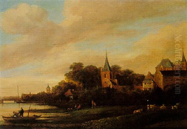 Fishermen Pulling In Their Nets On The Banks Of A Water Meadow Oil Painting by Jan Meerhout