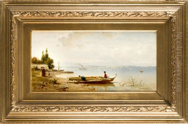 Sommermorgen Am Chiemsee, Blick Vom Ufer Auf Den Sonnenbeschienenen See Mit Booten Und Einem Raddampfer Im Hintergr., Im Vordergr. Staffage Mit Personen Und Angelegtem Boot Oil Painting by Arnold Meermann