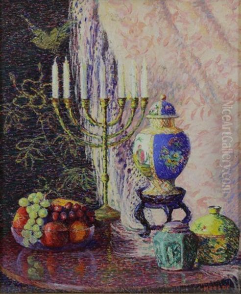 Still Life With Menorah, Fruits, Jars And Bird by Lillian Burk Meeser