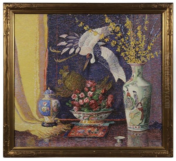 Still Life With Roses, Forsythia, And Asian Porcelain Oil Painting by Lillian Burk Meeser