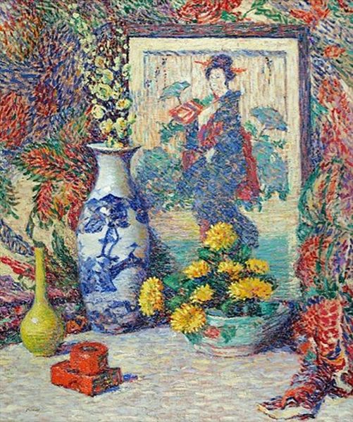 Still Life Of Vases, Crysanthamums, And A Japanese Print Oil Painting by Lillian Burk Meeser