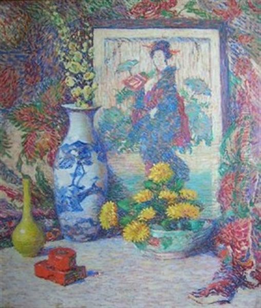 Still Life With Japanese Print Oil Painting by Lillian Burk Meeser