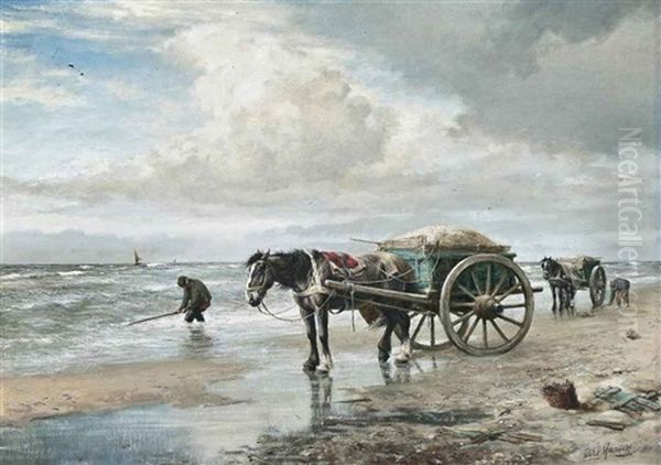 Shell Gathering On Schveningen Beach Oil Painting by Diederik (Dirk) Meesters