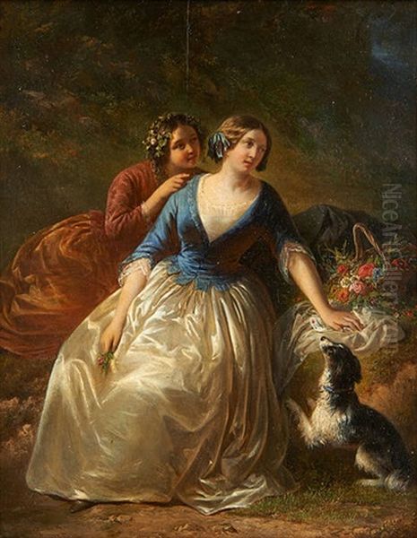 Deux Jeunes Femmes Et Leur Chien Oil Painting by Joseph Meganck