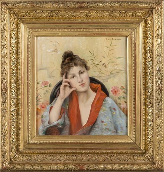 Jeune Femme En Kimono Oil Painting by Rene Mege Du Malmont