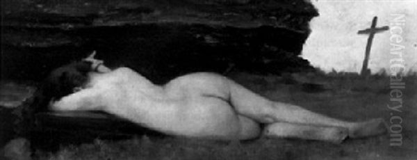 A Nude In A Landscape Oil Painting by Rene Mege Du Malmont