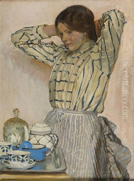 Girl With Coffe Oil Painting by Josef Mehoffer