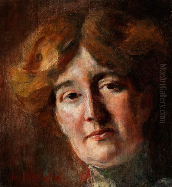 Kopfbildnis Einer Dame Mit Rotlich Braunem Haar Und Grunem Halskragen Oil Painting by Josef Mehoffer