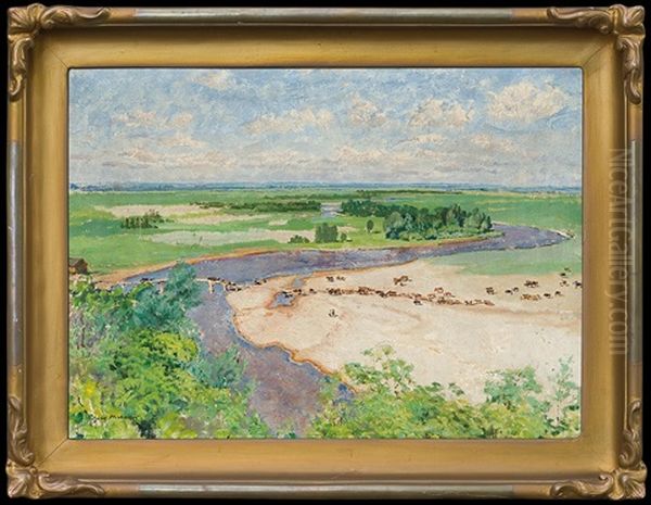 River Landscape Oil Painting by Josef Mehoffer